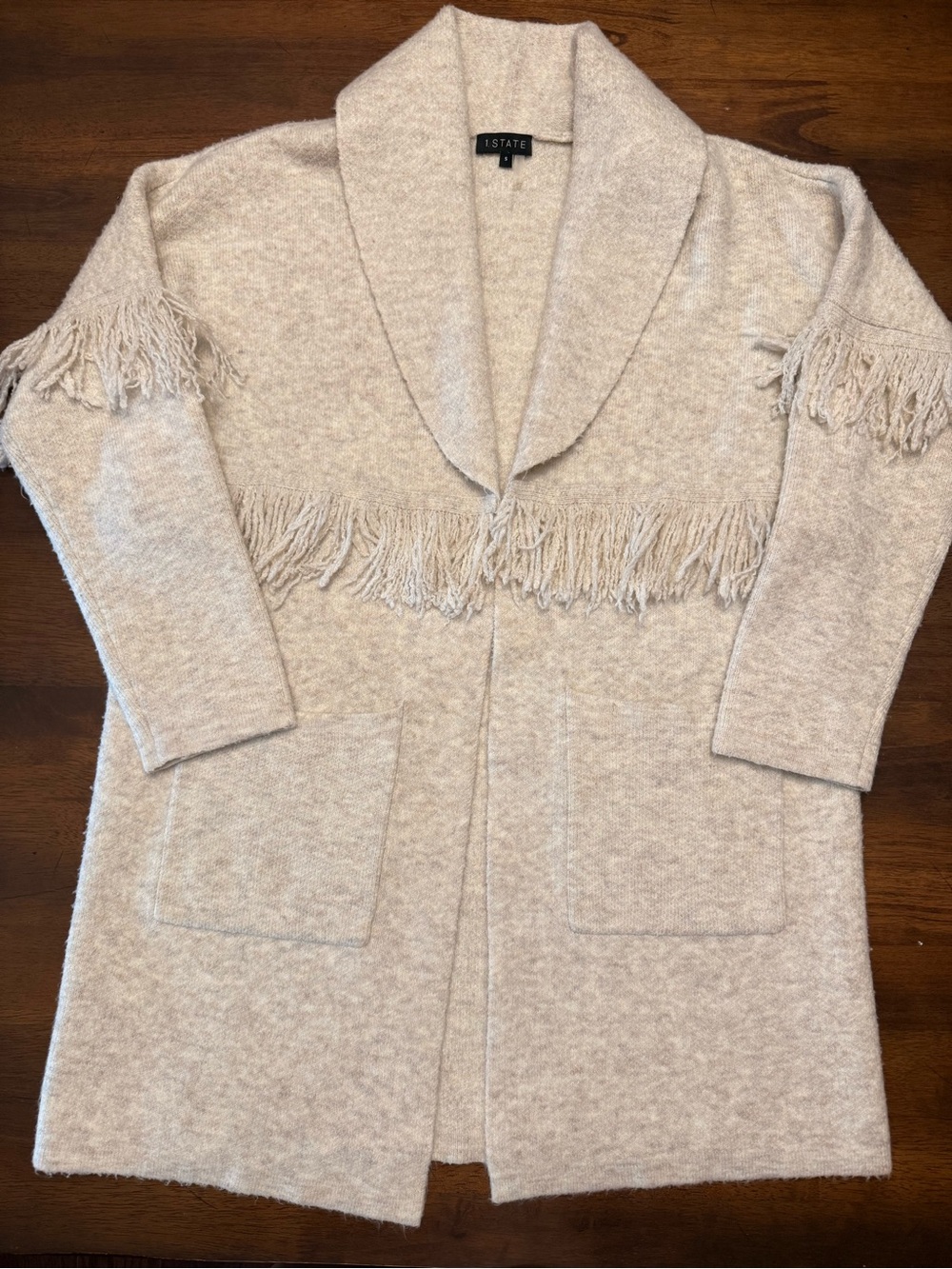 1. State Fringe Shawl Collar Open Cardigan - Beige